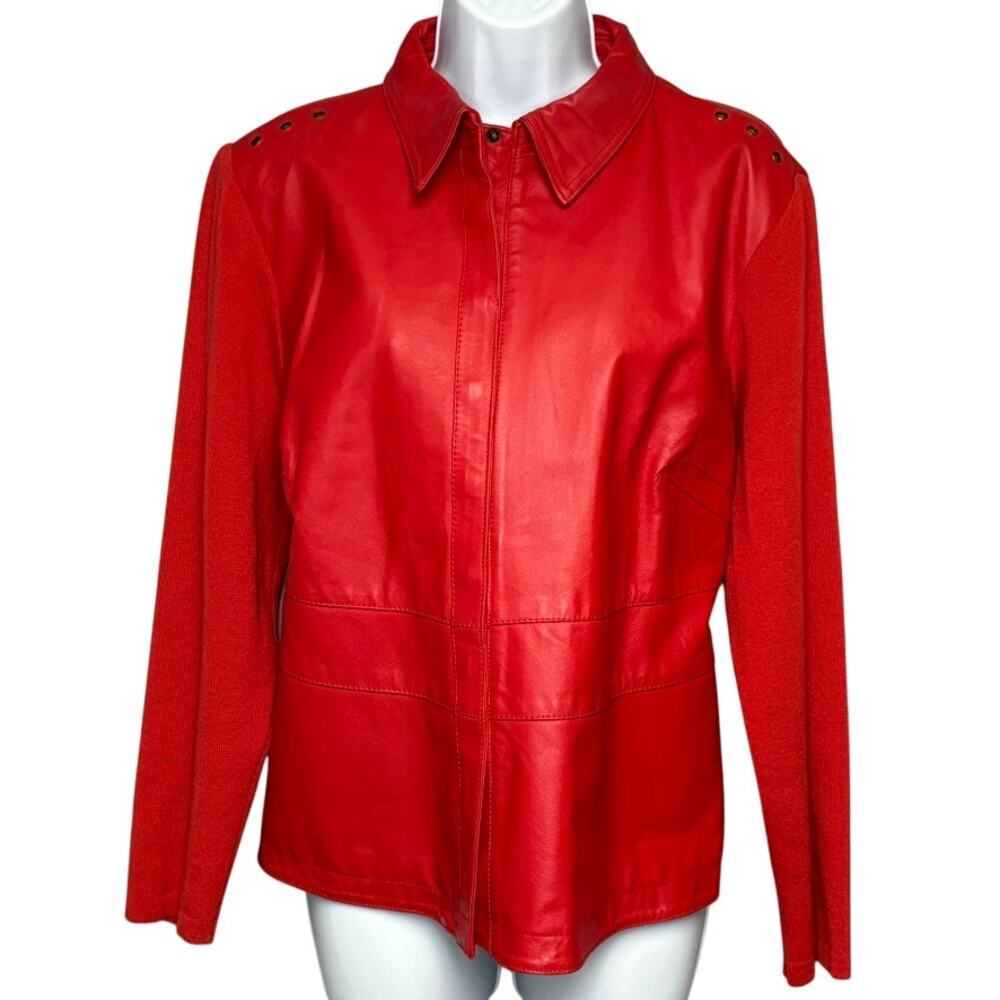 Nygard Red Genuine Leather Stretch Knit Sleeve Date Night Moto Jacket Womens L